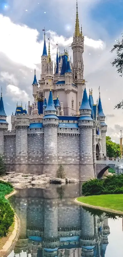 Enchanting castle with blue sky reflection.