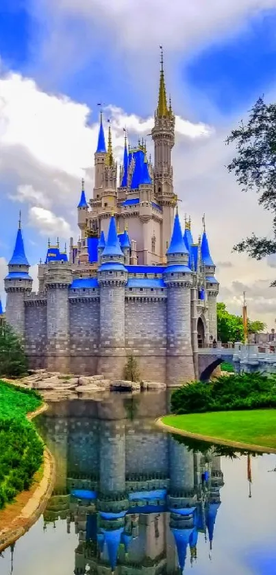 Enchanting castle with blue sky and water reflection creating a fairytale scene.