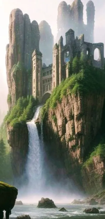 Majestic castle on cliff with waterfall and lush forest.