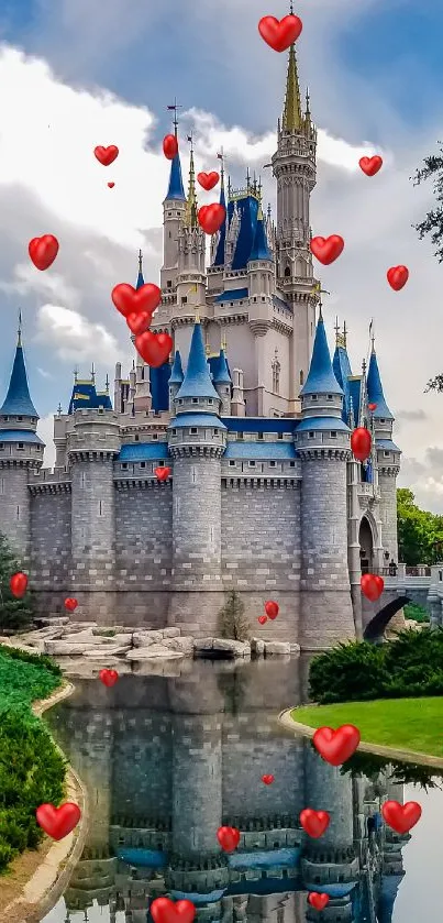 Fairytale castle with heart balloons reflecting in tranquil water.