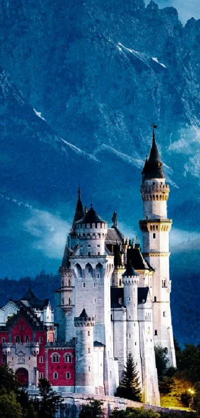 Majestic Neuschwanstein Castle with mountain background.