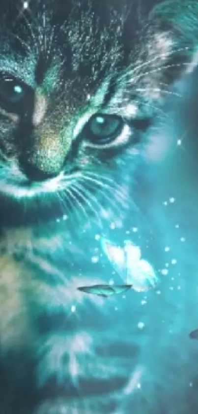 Enchanting teal cat with glowing butterflies on a dark background.