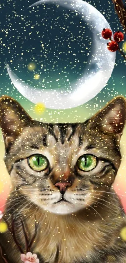 Realistic cat with green eyes and crescent moon in colorful wallpaper.