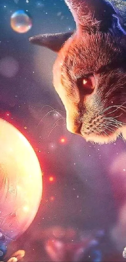 A cat gazes into a vibrant cosmic scene with whimsical orbs and a dreamy background.