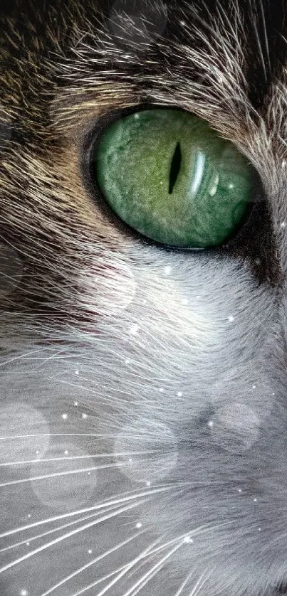 Close-up of a cat's eye with green iris and detailed fur texture.