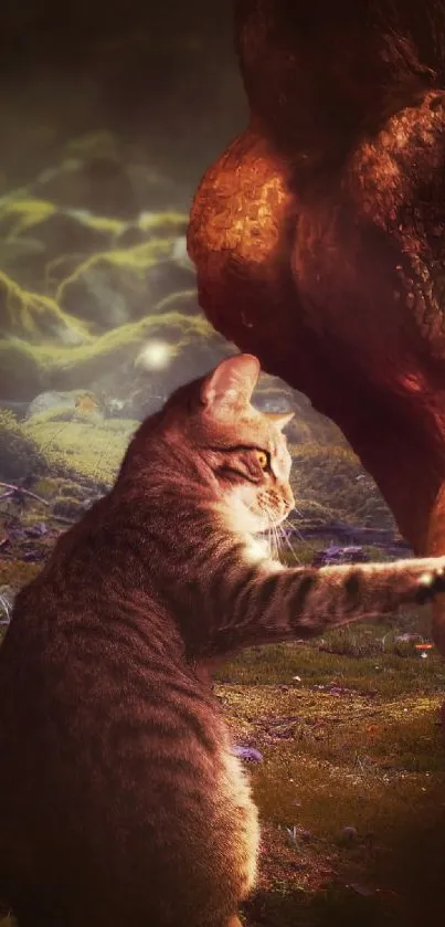 Fantasy cat touches glowing portal in a mystical forest wallpaper.