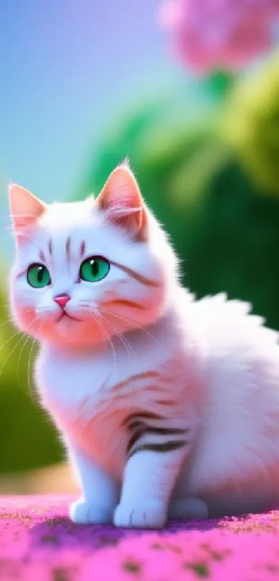 Fluffy white cat with green eyes on pink flowers.