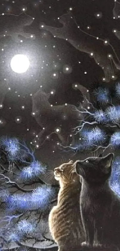 Two cats gaze at a moonlit sky with cat-shaped constellations and starry night.