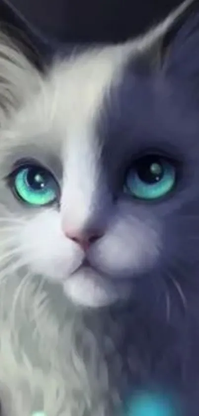 Illustration of a white cat with vivid blue eyes and soft surroundings.