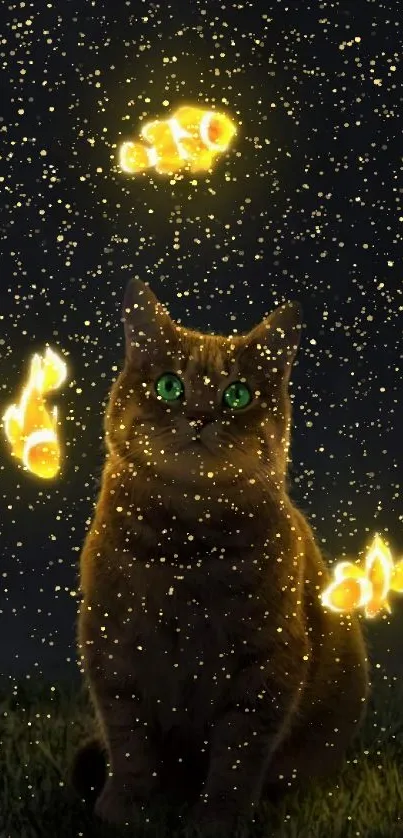 Cute cat with glowing fish in a magical night scene wallpaper.