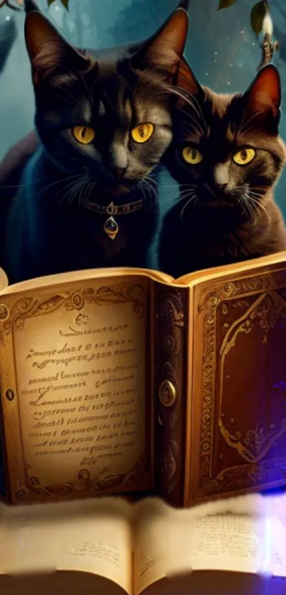 Two black cats sit near a magical, open book with ornate details.