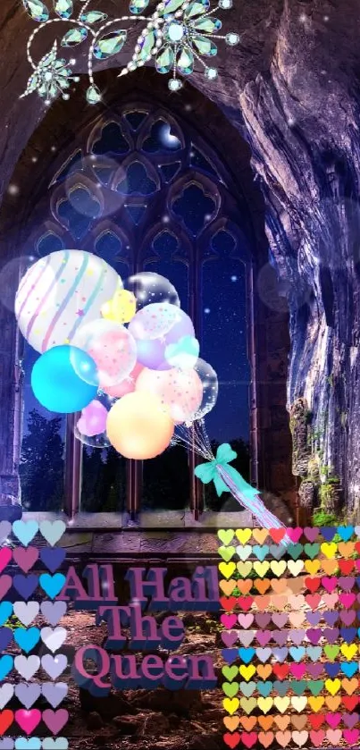 Cave interior with colorful balloons and neon heart decorations.