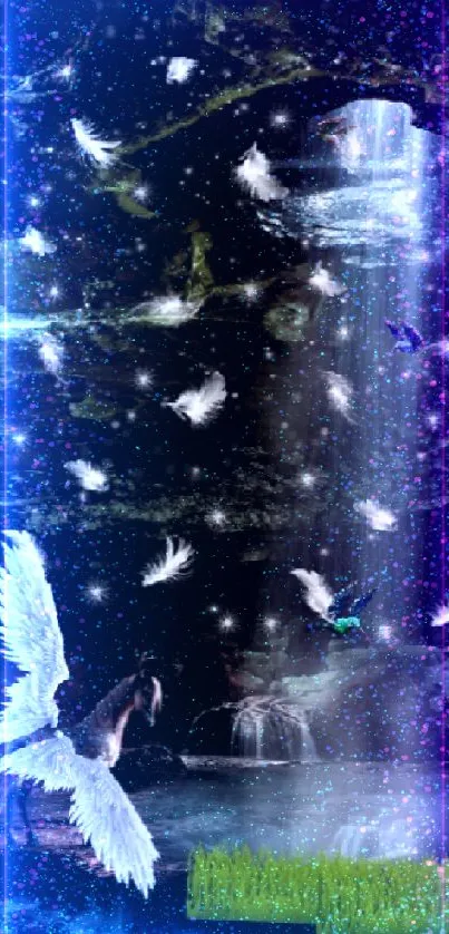 Mystical cave fantasy wallpaper with glowing waterfall and creature.