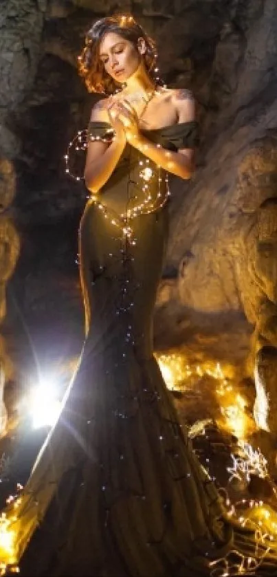 A woman in a shimmering gown stands in an illuminated cave setting.