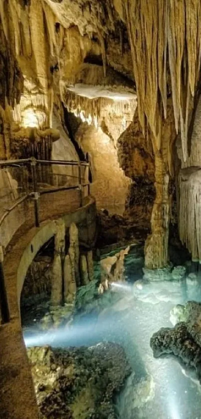 Enchanting cave with water reflection and stalactites.