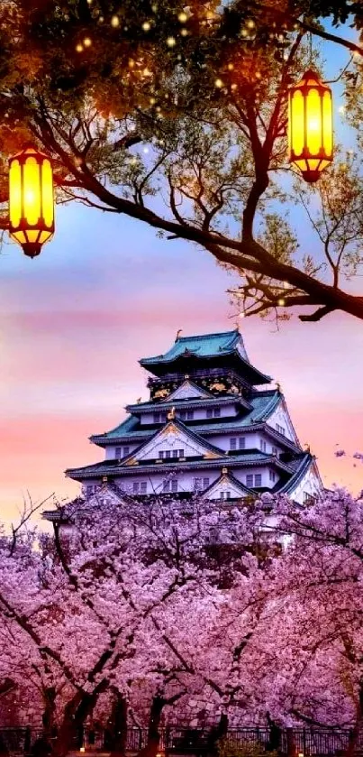 Traditional Japanese castle with cherry blossoms and lanterns glowing at dusk.