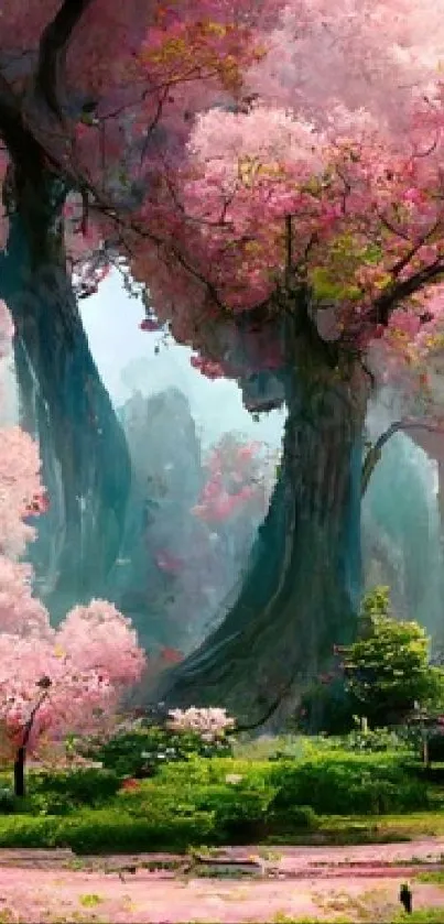 Enchanting cherry blossom forest with vibrant pink hues and lush green landscape.