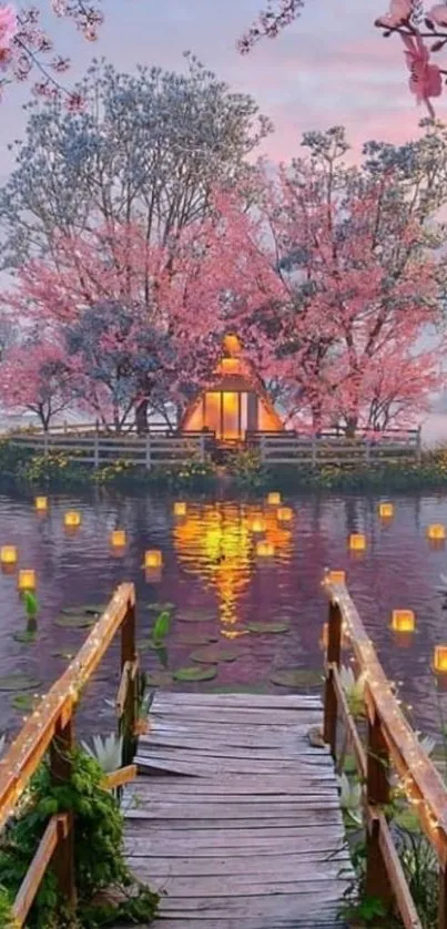 Cherry blossom island with sunset and lanterns reflecting on water.