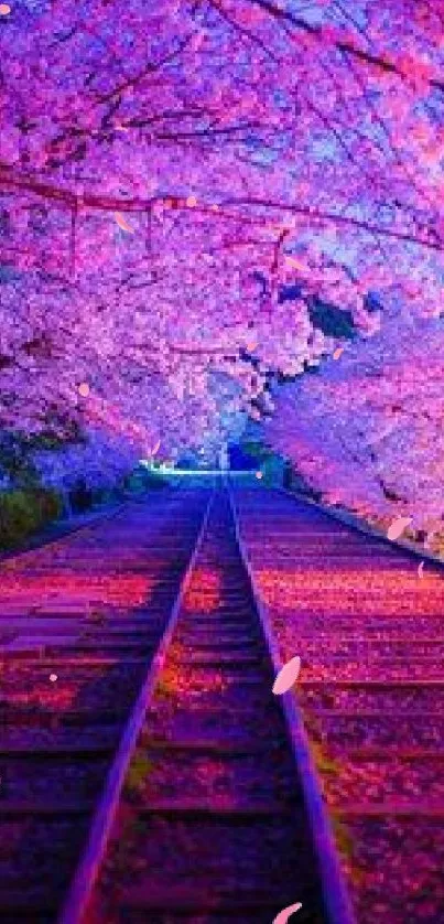 Breathtaking cherry blossom pathway over railway in vibrant pink and purple hues.