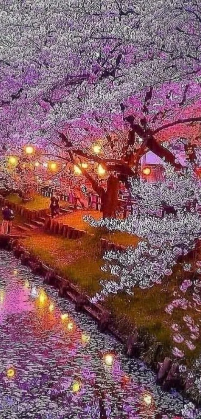 Cherry blossoms and lanterns reflecting on a peaceful waterway.