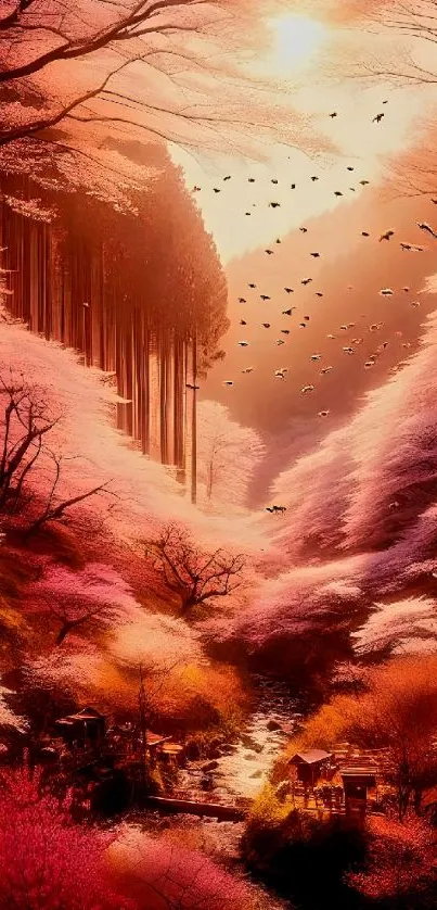 Cherry blossom trees under a vibrant sunset with flying birds.