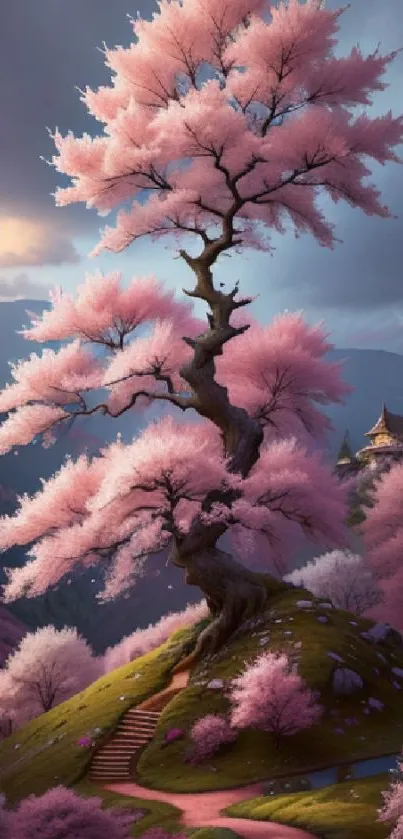 Fantasy landscape with cherry blossom tree and castle.