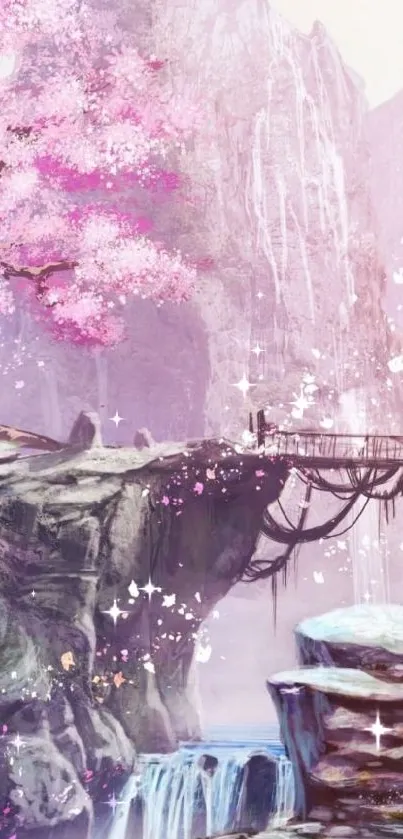 Mystical cherry blossom tree over a serene cliff.