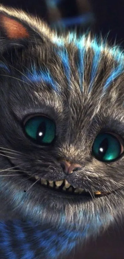 Cheshire Cat with bright blue markings and a mystical gaze on a dark background.