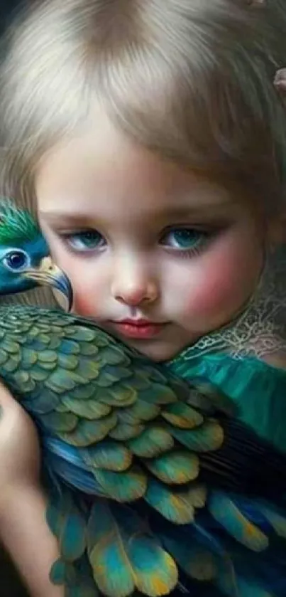 Artistic wallpaper of a child embracing a colorful bird with dreamy details.