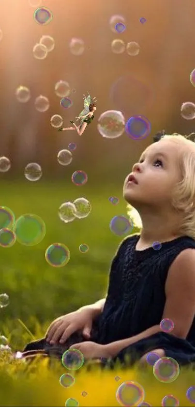 Enchanting wallpaper with child, bubbles, and fairy on a green background.