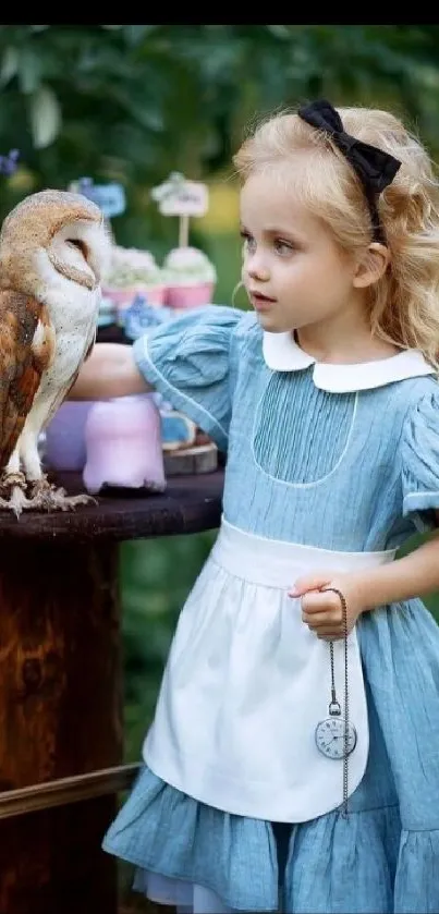 Girl in blue dress with owl in forest setting.