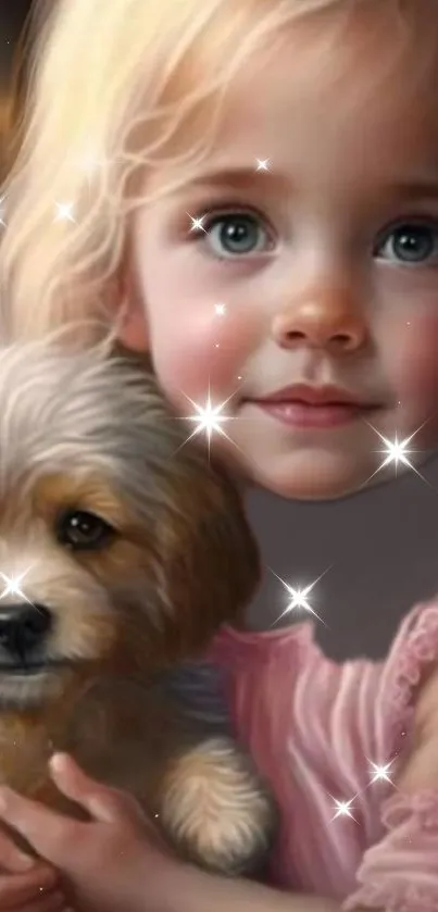 Heartwarming artwork of a child with a puppy in sparkles.