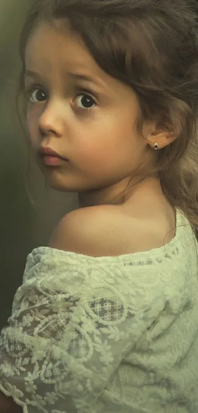 Portrait of a child with a gentle expression and a lace dress.