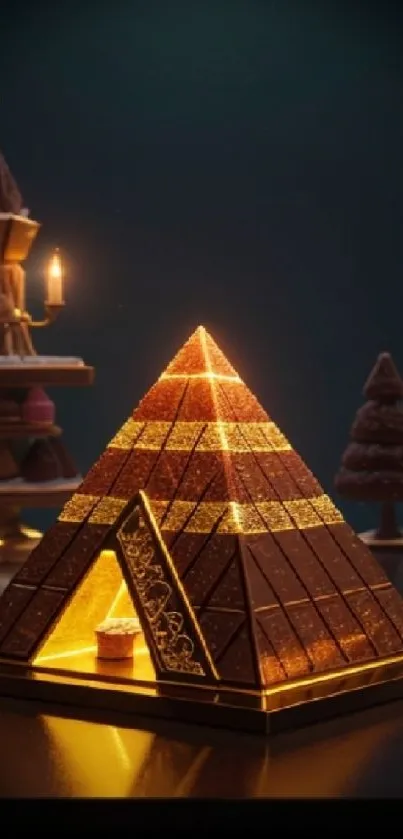 Glowing chocolate pyramid in dark setting with candles.