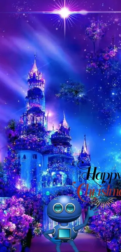 Magical castle with Christmas theme in purple and blue hues featuring a friendly robot.