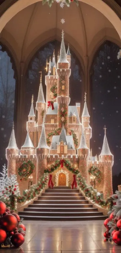 Illuminated Christmas castle with festive decor.