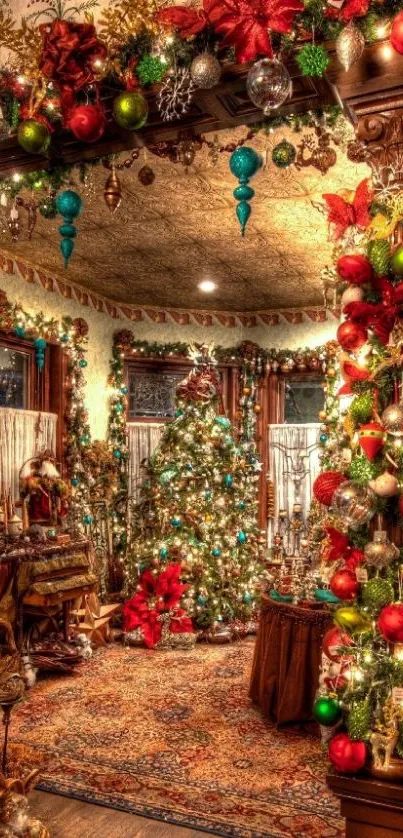Vibrant Christmas decoration in festive room.