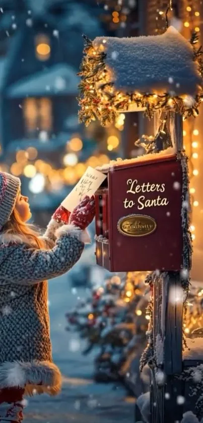 A child mails a letter to Santa in a snowy, festive setting with warm lights.
