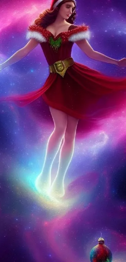 Festive figure in galaxy with Christmas hat, surrounded by vibrant colors.