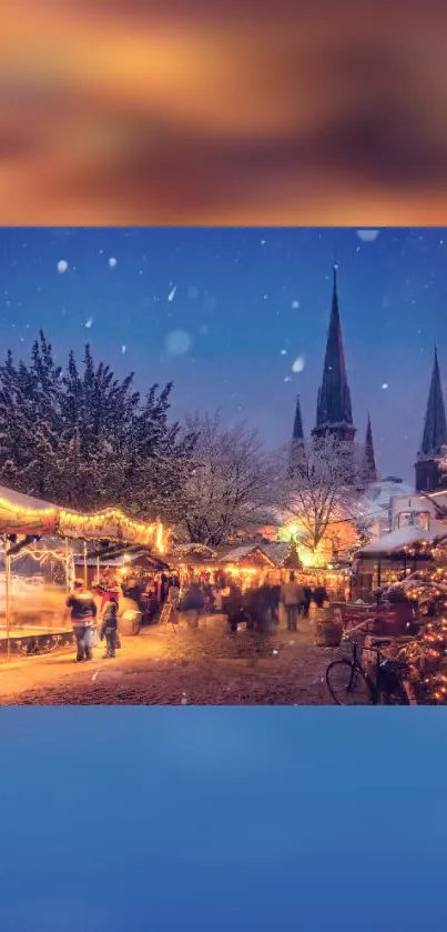 Festive Christmas market with lights at night and snowy ambiance.