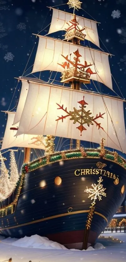 Majestic Christmas ship with festive lights and snowflakes in winter setting.
