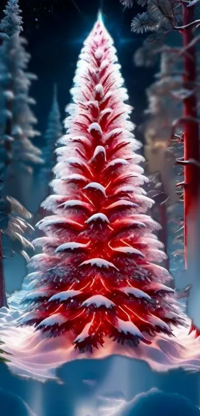 Glowing red Christmas tree in snowy forest.