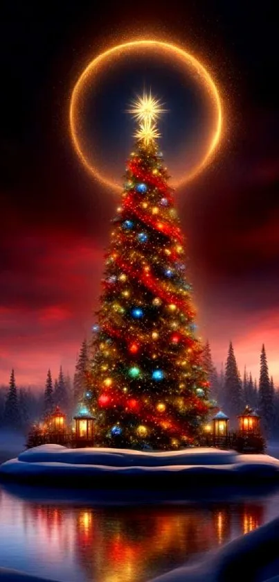 Enchanting Christmas tree with glowing lights in a serene snowy landscape.