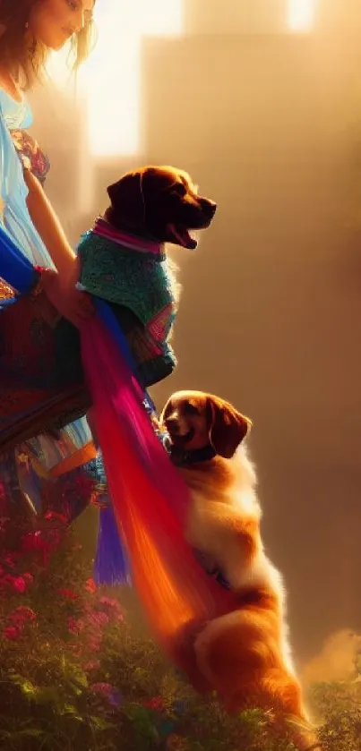 Enchanting woman with dogs in a vibrant cityscape.