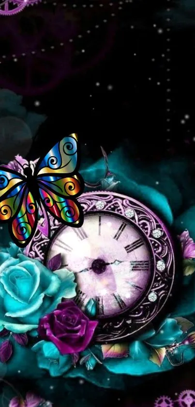 Mystical butterfly clock with teal hues.