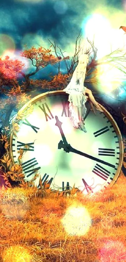 Fantasy clock in mystical autumn landscape wallpaper.