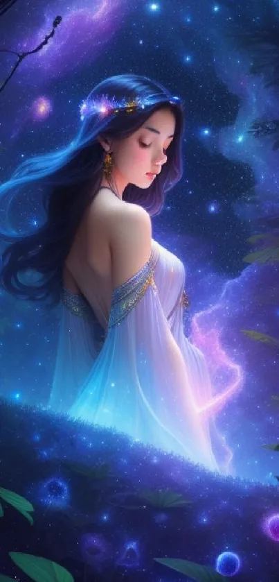 A serene woman in a cosmic night sky, surrounded by mystical blue and purple tones.