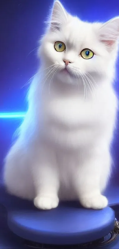 Whimsical white cat sitting in a cosmic, galaxy-themed background.