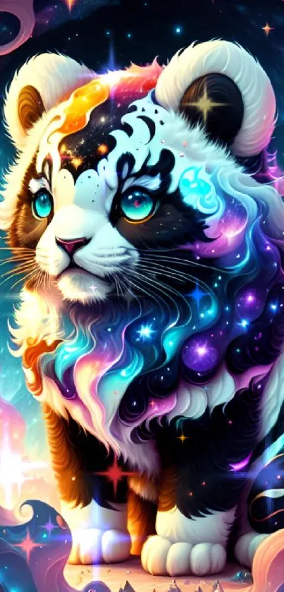 Fantasy cosmic cub with galaxy-inspired fur and vibrant colors on mobile wallpaper.