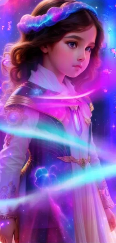 Mystical girl in cosmic fantasy setting with vibrant, ethereal colors.